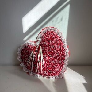 Vintage | Handmade Floral Heart-Shaped Pillow with Lace Trim